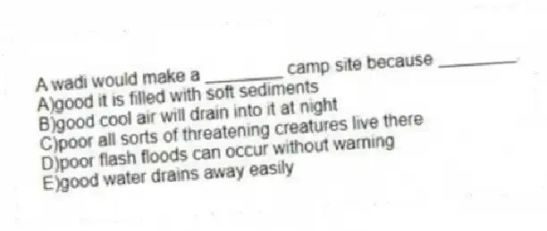 A wadi would make a ________ camp site because ________.
A)good it is filled with soft sediments
B)good cool air will drain into it at night
C)poor all sorts of threatening creatures live there
D)poor flash floods can occur without warning
E)good water drains away easily