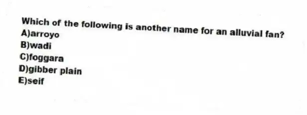 Which of the following is another name for an alluvial fan?
A)arroyo
B)wadi
C)foggara
D)gibber plain
E)seif