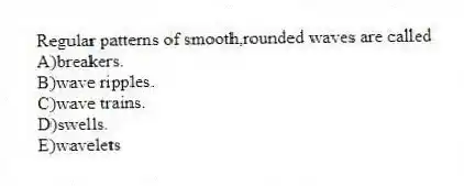Regular patterns of smooth,rounded waves are called
A)breakers.
B)wave ripples.
C)wave trains.
D)swells.
E)wavelets