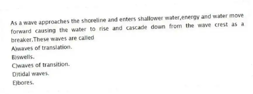 As a wave approaches the shoreline and enters shallower water,energy and water move forward causing the water to rise and cascade down from the wave crest as a breaker.These waves are called
A)waves of translation.
B)swells.
C)waves of transition.
D)tidal waves.
E)bores.