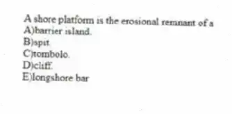 A shore platform is the erosional remnant of a
A)barrier island.
B)spit.
C)tombolo.
D)cliff.
E)longshore bar