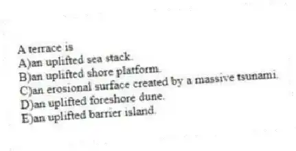 A terrace is
A)an uplifted sea stack.
B)an uplifted shore platform.
C)an erosional surface created by a massive tsunami.
D)an uplifted foreshore dune.
E)an uplifted barrier island.
