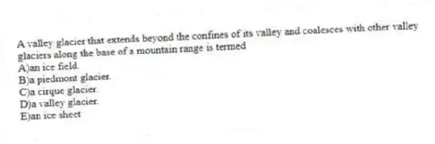 A valley glacier that extends beyond the confines of its valley and coalesces with other valley glaciers along the base of a mountain range is termed
A)an ice field.
B)a piedmont glacier.
C)a cirque glacier.
D)a valley glacier.
E)an ice sheet