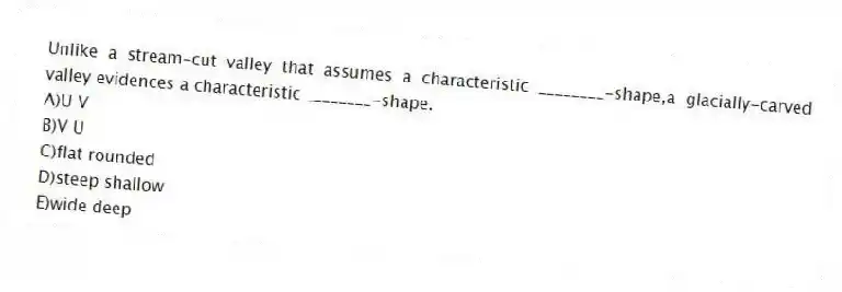 Unlike a stream-cut valley that assumes a characteristic ________-shape,a glacially-carved valley evidences a characteristic ________-shape.
A)U V
B)V U
C)flat rounded
D)steep shallow
E)wide deep