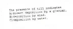 The presence of till indicates
A)direct deposition by a glacier.
B)deposition by wind.
C)deposition by water.