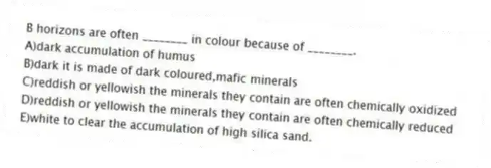 B horizons are often ________ in colour because of ________.
A)dark accumulation of humus
B)dark it is made of dark coloured,mafic minerals
C)reddish or yellowish the minerals they contain are often chemically oxidized
D)reddish or yellowish the minerals they contain are often chemically reduced
E)white to clear the accumulation of high silica sand.