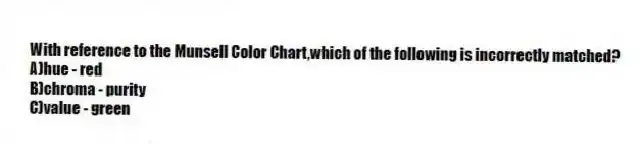 With reference to the Munsell Color Chart,which of the following is incorrectly matched?
A)hue - red
B)chroma - purity
C)value - green