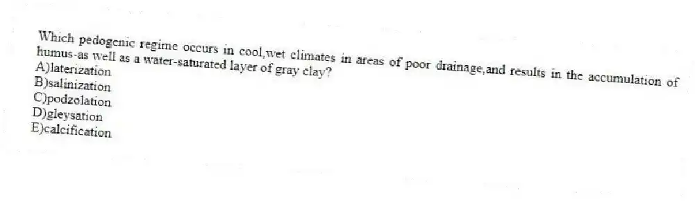 Which pedogenic regime occurs in cool,wet climates in areas of poor drainage,and results in the accumulation of humus-as well as a water-saturated layer of gray clay?
A)laterization
B)salinization
C)podzolation
D)gleysation
E)calcification