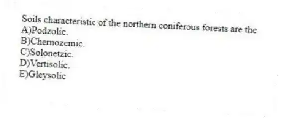 Soils characteristic of the northern coniferous forests are the
A)Podzolic.
B)Chernozemic.
C)Solonetzic.
D)Vertisolic.
E)Gleysolic