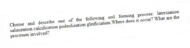 Choose and describe one of the following soil forming process: laterization salinization calcification podzolization gleificiation.Where does it occur? What are the processes involved?
