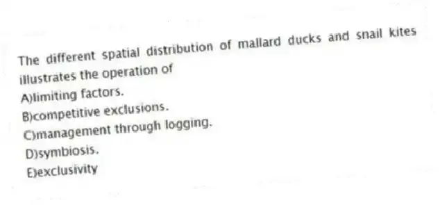 The different spatial distribution of mallard ducks and snail kites illustrates the operation of
A)limiting factors.
B)competitive exclusions.
C)management through logging.
D)symbiosis.
E)exclusivity