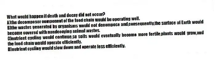 What would happen if death and decay did not occur?
A)the decomposer component of the food chain would be operating well.
B)the wastes generated by organisms would not decompose and,consequently,the surface of Earth would become covered with nondecaying animal wastes.
C)nutrient cycling would continue,so soils would eventually become more fertile,plants would grow,and the food chain would operate efficiently.
D)nutrient cycling would slow down and operate less efficiently.