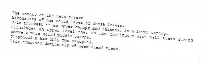 The canopy of the rain forest
A)consists of one solid layer of dense leaves.
B)is thickest in an upper canopy and thinnest in a lower canopy.
C)includes an upper level that is not continuous,with tall trees rising above a more solid middle canopy.
D)typically has only two canopies.
E)is composed dominantly of needleleaf trees.