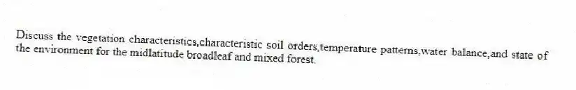 Discuss the vegetation characteristics,characteristic soil orders,temperature patterns,water balance,and state of the environment for the midlatitude broadleaf and mixed forest.