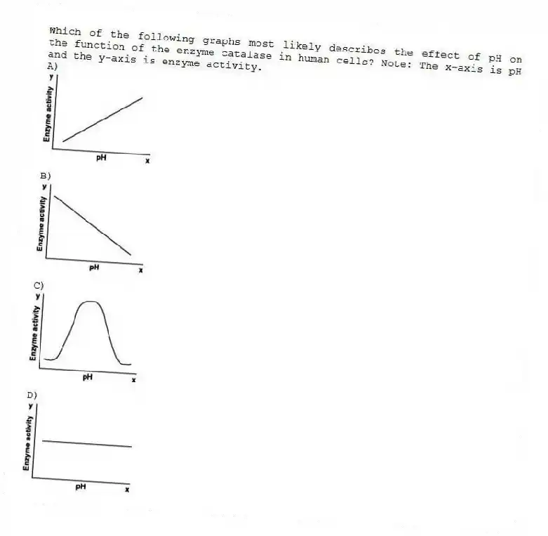 Which of the following graphs most likely describes the effect of pH on the function of the enzyme catalase in human cells? Note: The x-axis is pH and the y-axis is enzyme activity.