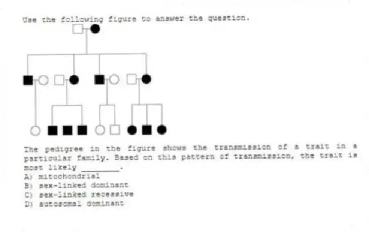 Use the following figure to answer the question.

The pedigree in the figure shows the transmission of a trait in a particular family. Based on this pattern of transmission, the trait is most likely ________.
A) mitochondrial 
B) sex-linked dominant 
C) sex-linked recessive 
D) autosomal dominant
