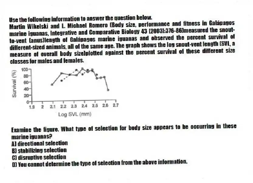 Use the following information to answer the question below.
Martin Wikelski and L. Michael Romero (Body size, performance and fitness in Galápagos marine iguanas, Integrative and Comparative Biology 43 [2003]:376-86)measured the snout-to-vent (anus)length of Galápagos marine iguanas and observed the percent survival of different-sized animals, all of the same age. The graph shows the log snout-vent length (SVL, a measure of overall body size)plotted against the percent survival of these different size classes for males and females.

Examine the figure. What type of selection for body size appears to be occurring in these marine iguanas?
A) directional selection 
B) stabilizing selection 
C) disruptive selection 
D) You cannot determine the type of selection from the above information.

