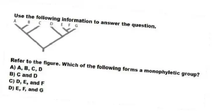 Use the following information to answer the question.
Refer to the figure. Which of the following forms a monophyletic group?
A) A, B, C, D
B) C and D
C) D, E, and F
D) E, F, and G