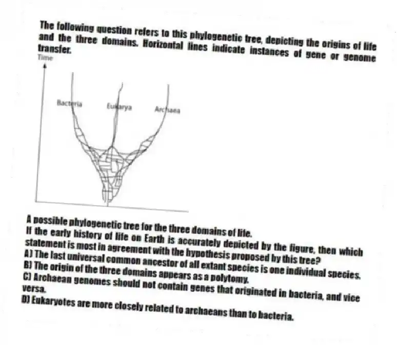 The following question refers to this phylogenetic tree, depicting the origins of life and the three domains. Horizontal lines indicate instances of gene or genome transfer.
A possible phylogenetic tree for the three domains of life.
If the early history of life on Earth is accurately depicted by the figure, then which statement is most in agreement with the hypothesis proposed by this tree?
A) The last universal common ancestor of all extant species is one individual species.
B) The origin of the three domains appears as a polytomy.
C) Archaean genomes should not contain genes that originated in bacteria, and vice versa.
D) Eukaryotes are more closely related to archaeans than to bacteria.