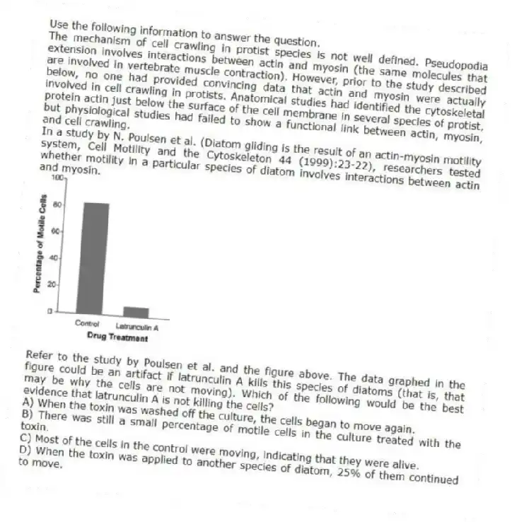 Use the following information to answer the question.
The mechanism of cell crawling in protist species is not well defined. Pseudopodia extension involves interactions between actin and myosin (the same molecules that are involved in vertebrate muscle contraction). However, prior to the study described below, no one had provided convincing data that actin and myosin were actually involved in cell crawling in protists. Anatomical studies had identified the cytoskeletal protein actin just below the surface of the cell membrane in several species of protist, but physiological studies had failed to show a functional link between actin, myosin, and cell crawling.
In a study by N. Poulsen et al. (Diatom gliding is the result of an actin-myosin motility system, Cell Motility and the Cytoskeleton 44 (1999):23-22), researchers tested whether motility in a particular species of diatom involves interactions between actin and myosin.
Refer to the study by Poulsen et al. and the figure above. The data graphed in the figure could be an artifact if latrunculin A kills this species of diatoms (that is, that may be why the cells are not moving). Which of the following would be the best evidence that latrunculin A is not killing the cells?
A) When the toxin was washed off the culture, the cells began to move again.
B) There was still a small percentage of motile cells in the culture treated with the toxin.
C) Most of the cells in the control were moving, indicating that they were alive.
D) When the toxin was applied to another species of diatom, 25% of them continued to move.