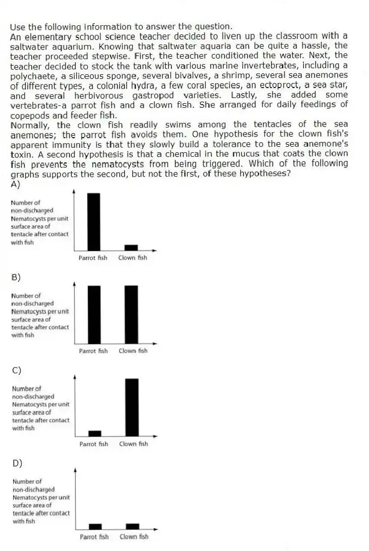 Use the following information to answer the question.
An elementary school science teacher decided to liven up the classroom with a saltwater aquarium. Knowing that saltwater aquaria can be quite a hassle, the teacher proceeded stepwise. First, the teacher conditioned the water. Next, the teacher decided to stock the tank with various marine invertebrates, including a polychaete, a siliceous sponge, several bivalves, a shrimp, several sea anemones of different types, a colonial hydra, a few coral species, an ectoproct, a sea star, and several herbivorous gastropod varieties. Lastly, she added some vertebrates-a parrot fish and a clown fish. She arranged for daily feedings of copepods and feeder fish.
Normally, the clown fish readily swims among the tentacles of the sea anemones; the parrot fish avoids them. One hypothesis for the clown fish's apparent immunity is that they slowly build a tolerance to the sea anemone's toxin. A second hypothesis is that a chemical in the mucus that coats the clown fish prevents the nematocysts from being triggered. Which of the following graphs supports the second, but not the first, of these hypotheses?