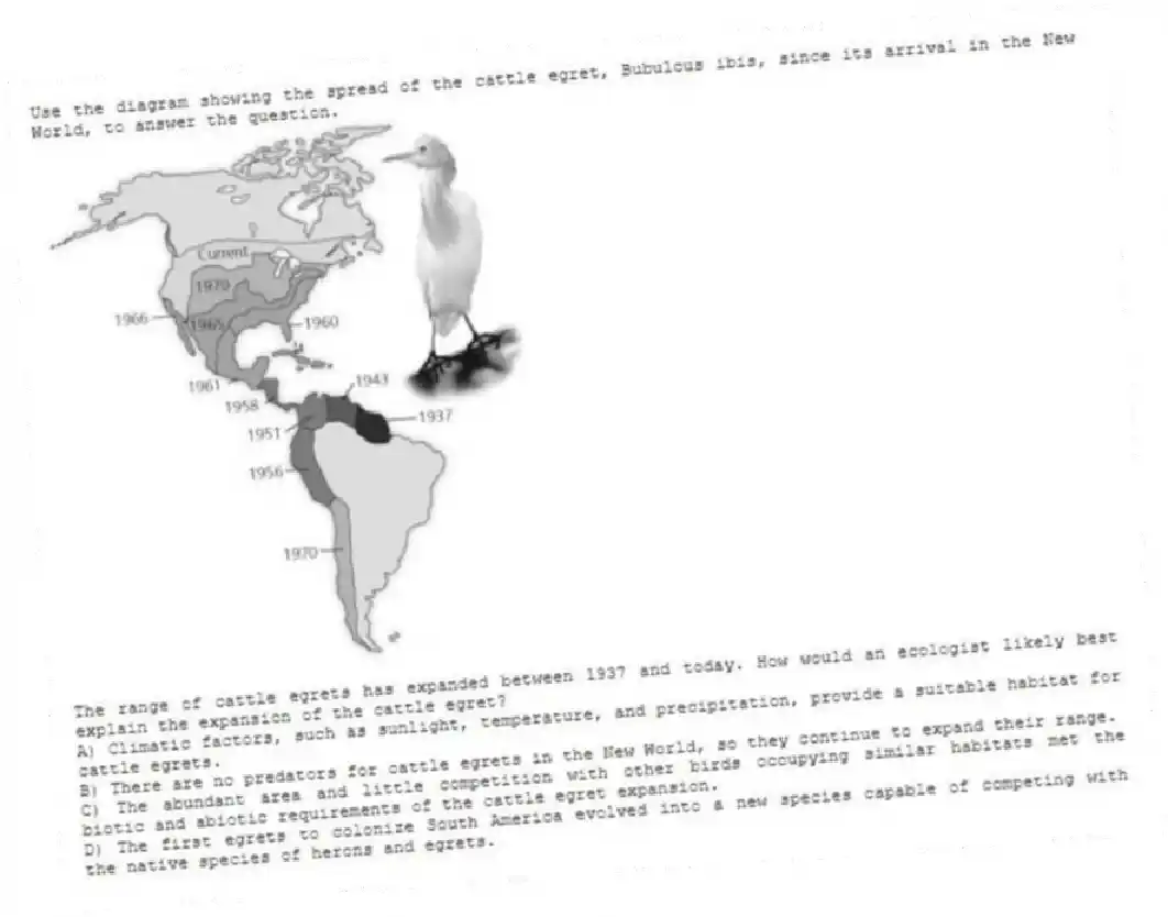 Use the diagram showing the spread of the cattle egret, Bubulcus ibis, since its arrival in the New World, to answer the question.
The range of cattle egrets has expanded between 1937 and today. How would an ecologist likely best explain the expansion of the cattle egret?
A) Climatic factors, such as sunlight, temperature, and precipitation, provide a suitable habitat for cattle egrets.
B) There are no predators for cattle egrets in the New World, so they continue to expand their range.
C) The abundant area and little competition with other birds occupying similar habitats met the biotic and abiotic requirements of the cattle egret expansion.
D) The first egrets to colonize South America evolved into a new species capable of competing with the native species of herons and egrets.