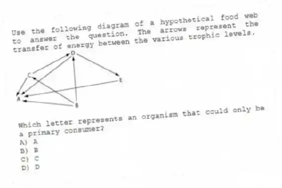Use the following diagram of a hypothetical food web to answer the question. The arrows represent the transfer of energy between the various trophic levels.
Which letter represents an organism that could only be a primary consumer?
A) A
B) B
C) C
D) D