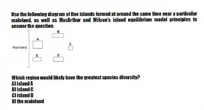 Use the following diagram of five islands formed at around the same time near a particular mainland, as well as MacArthur and Wilson's island equilibrium model principles to answer the question.
Which region would likely have the greatest species diversity?
A) island A
B) island C
C) island D
D) the mainland