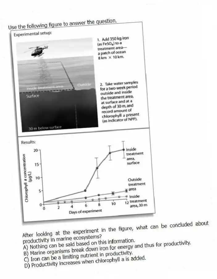 Use the following figure to answer the question.
After looking at the experiment in the figure, what can be concluded about productivity in marine ecosystems?
A) Nothing can be said based on this information.
B) Marine organisms break down iron for energy and thus for productivity.
C) Iron can be a limiting nutrient in productivity.
D) Productivity increases when chlorophyll a is added.