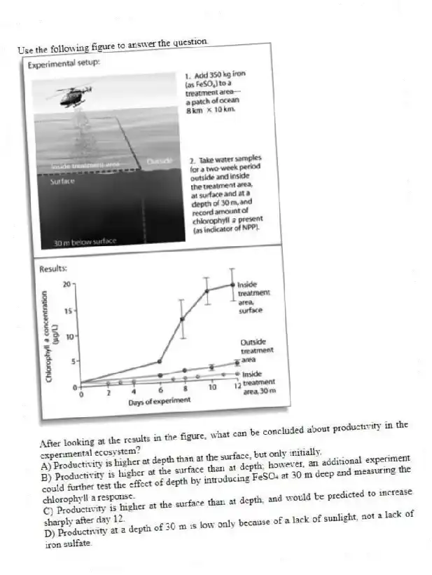 Use the following figure to answer the question.
After looking at the results in the figure, what can be concluded about productivity in the experimental ecosystem?
A) Productivity is higher at depth than at the surface, but only initially.
B) Productivity is higher at the surface than at depth; however, an additional experiment could further test the effect of depth by introducing FeSO₄ at 30 m deep and measuring the chlorophyll a response.
C) Productivity is higher at the surface than at depth, and would be predicted to increase sharply after day 12.
D) Productivity at a depth of 30 m is low only because of a lack of sunlight, not a lack of iron sulfate.