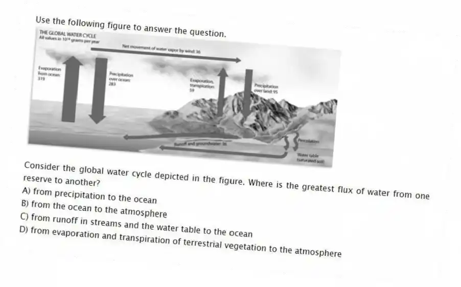 Use the following figure to answer the question.
Consider the global water cycle depicted in the figure. Where is the greatest flux of water from one reserve to another?
A) from precipitation to the ocean
B) from the ocean to the atmosphere
C) from runoff in streams and the water table to the ocean
D) from evaporation and transpiration of terrestrial vegetation to the atmosphere