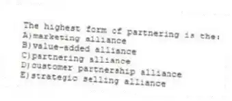 The highest form of partnering is the:
A)marketing alliance
B)value-added alliance
C)partnering alliance
D)customer partnership alliance
E)strategic selling alliance