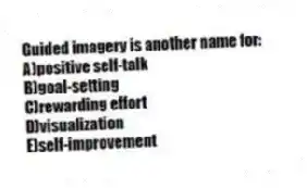 Guided imagery is another name for:
A)positive self-talk
B)goal-setting
C)rewarding effort
D)visualization
E)self-improvement