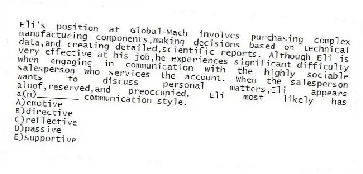 Eli's position at Global-Mach involves purchasing complex manufacturing components,making decisions based on technical data,and creating detailed,scientific reports. Although Eli is very effective at his job,he experiences significant difficulty when engaging in communication with the highly sociable salesperson who services the account. When the salesperson wants to discuss personal matters,Eli appears aloof,reserved,and preoccupied. Eli most likely has a(n)________ communication style.
A)emotive
B)directive
C)reflective
D)passive
E)supportive