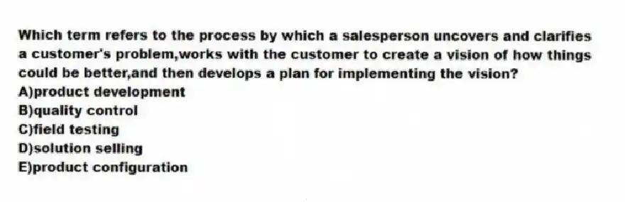 Which term refers to the process by which a salesperson uncovers and clarifies a customer's problem,works with the customer to create a vision of how things could be better,and then develops a plan for implementing the vision?
A)product development
B)quality control
C)field testing
D)solution selling
E)product configuration