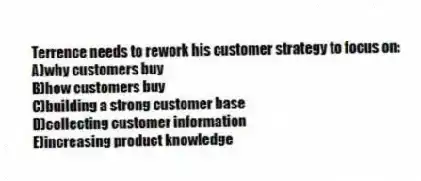 Terrence needs to rework his customer strategy to focus on:
A)why customers buy
B)how customers buy
C)building a strong customer base
D)collecting customer information
E)increasing product knowledge