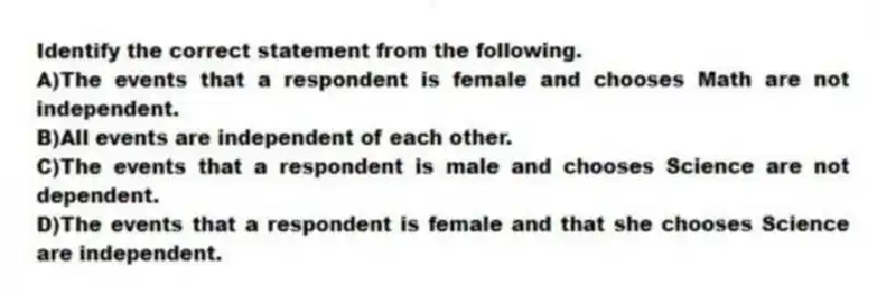 Identify the correct statement from the following.
A)The events that a respondent is female and chooses Math are not independent.
B)All events are independent of each other.
C)The events that a respondent is male and chooses Science are not dependent.
D)The events that a respondent is female and that she chooses Science are independent.