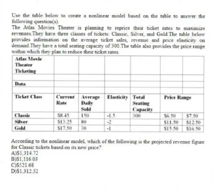 Use the table below to create a nonlinear model based on the table to answer the following question(s).
The Atlas Movies Theater is planning to reprice their ticket rates to maximize revenues.They have three classes of tickets: Classic, Silver, and Gold.The table below provides information on the average ticket sales, revenue and price elasticity on demand.They have a total seating capacity of 300.The table also provides the price range within which they plan to reduce their ticket rates.
-According to the nonlinear model, which of the following is the projected revenue figure for Classic tickets based on its new price?
A)$1,314.72
B)$1,116.03
C)$521.68
D)$1,312.52