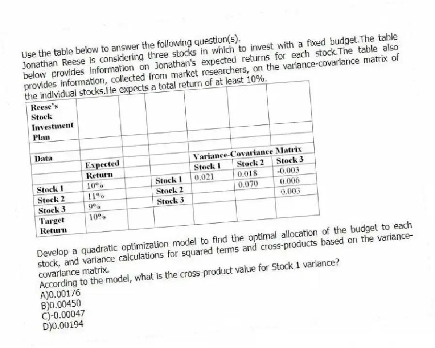 Use the table below to answer the following question(s).
Jonathan Reese is considering three stocks in which to invest with a fixed budget.The table below provides information on Jonathan's expected returns for each stock.The table also provides information, collected from market researchers, on the variance-covariance matrix of the individual stocks.He expects a total return of at least 10%.
Develop a quadratic optimization model to find the optimal allocation of the budget to each stock, and variance calculations for squared terms and cross-products based on the variance-covariance matrix.
-According to the model, what is the cross-product value for Stock 1 variance?
A)0.00176
B)0.00450
C)-0.00047
D)0.00194