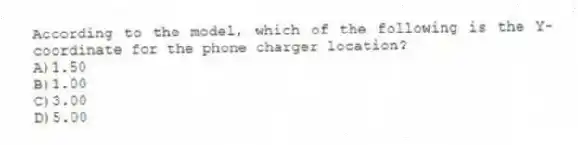 According to the model, which of the following is the Y-coordinate for the phone charger location?
A)1.50
B)1.00
C)3.00
D)5.00