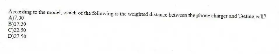 According to the model, which of the following is the weighted distance between the phone charger and Testing cell?
A)7.00
B)17.50
C)22.50
D)27.50