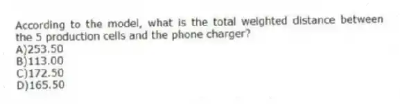 According to the model, what is the total weighted distance between the 5 production cells and the phone charger?
A)253.50
B)113.00
C)172.50
D)165.50