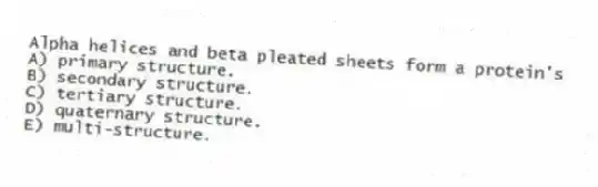 Alpha helices and beta pleated sheets form a protein's
A) primary structure.
B) secondary structure.
C) tertiary structure.
D) quaternary structure.
E) multi-structure.