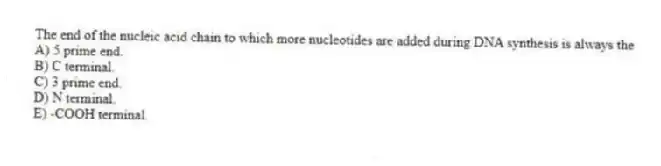 The end of the nucleic acid chain to which more nucleotides are added during DNA synthesis is always the
A) 5 prime end.
B) C terminal.
C) 3 prime end.
D) N terminal.
E) -COOH terminal.