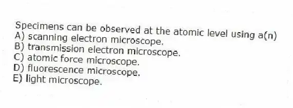 Specimens can be observed at the atomic level using a(n)
A) scanning electron microscope.
B) transmission electron microscope.
C) atomic force microscope.
D) fluorescence microscope.
E) light microscope.