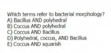 Which terms refer to bacterial morphology?
A) Bacillus AND polyhedral
B) Coccus AND polyhedral
C) Coccus AND Bacillus
D) Polyhedral, coccus, AND Bacillus
E) Coccus AND squarish