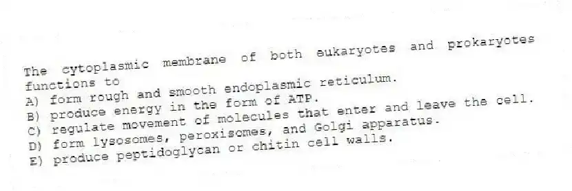 The cytoplasmic membrane of both eukaryotes and prokaryotes functions to
A) form rough and smooth endoplasmic reticulum.
B) produce energy in the form of ATP.
C) regulate movement of molecules that enter and leave the cell.
D) form lysosomes, peroxisomes, and Golgi apparatus.
E) produce peptidoglycan or chitin cell walls.