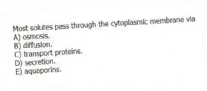 Most solutes pass through the cytoplasmic membrane via
A) osmosis.
B) diffusion.
C) transport proteins.
D) secretion.
E) aquaporins.