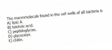 The macromolecule found in the cell walls of all bacteria is
A) lipid A.
B) teichoic acid.
C) peptidoglycan.
D) glycocalyx.
E) chitin.