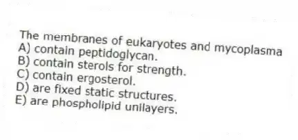 The membranes of eukaryotes and mycoplasma
A) contain peptidoglycan.
B) contain sterols for strength.
C) contain ergosterol.
D) are fixed static structures.
E) are phospholipid unilayers.
